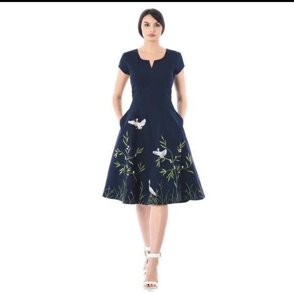 eShakti Navy Blue Midi Dress with Embroidery - Picture 1 of 14